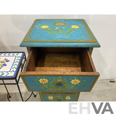Gilt and Handpainted Octagonal Chest of Six Drawers, with Another Handpainted Example and Jardiniere Stand