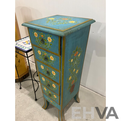 Gilt and Handpainted Octagonal Chest of Six Drawers, with Another Handpainted Example and Jardiniere Stand