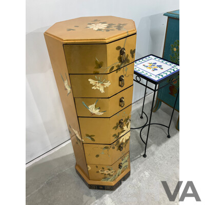 Gilt and Handpainted Octagonal Chest of Six Drawers, with Another Handpainted Example and Jardiniere Stand