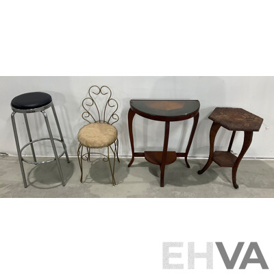 Demi Lune Side Table Together with Carved Floral Hexagonal Table, Bedroom Chair and Diner Stool - Lot of 4
