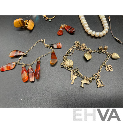 Assorted  Jewellery - Bracelets, Earrings, Necklaces, Rings Including Pearl Necklace, Bone Necklace, Silver Necklace, Agate Pendant and Bracelet and More - Lot of 15