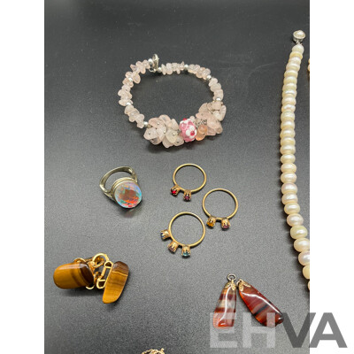 Assorted  Jewellery - Bracelets, Earrings, Necklaces, Rings Including Pearl Necklace, Bone Necklace, Silver Necklace, Agate Pendant and Bracelet and More - Lot of 15