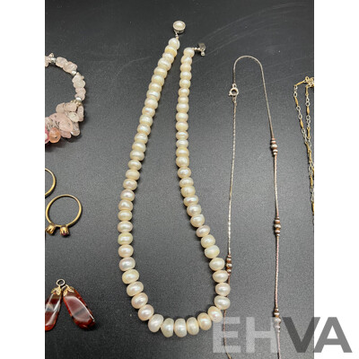 Assorted  Jewellery - Bracelets, Earrings, Necklaces, Rings Including Pearl Necklace, Bone Necklace, Silver Necklace, Agate Pendant and Bracelet and More - Lot of 15