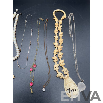 Assorted  Jewellery - Bracelets, Earrings, Necklaces, Rings Including Pearl Necklace, Bone Necklace, Silver Necklace, Agate Pendant and Bracelet and More - Lot of 15