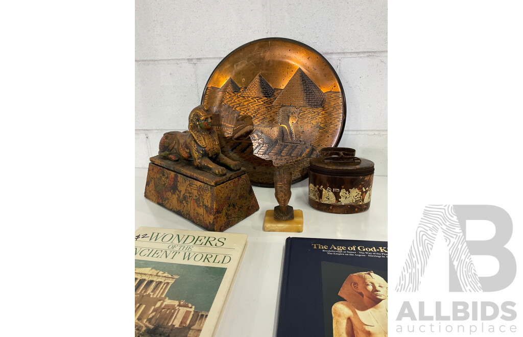 Various Items of Egyptan Interest including books, copper plate and Sphinx form storage box