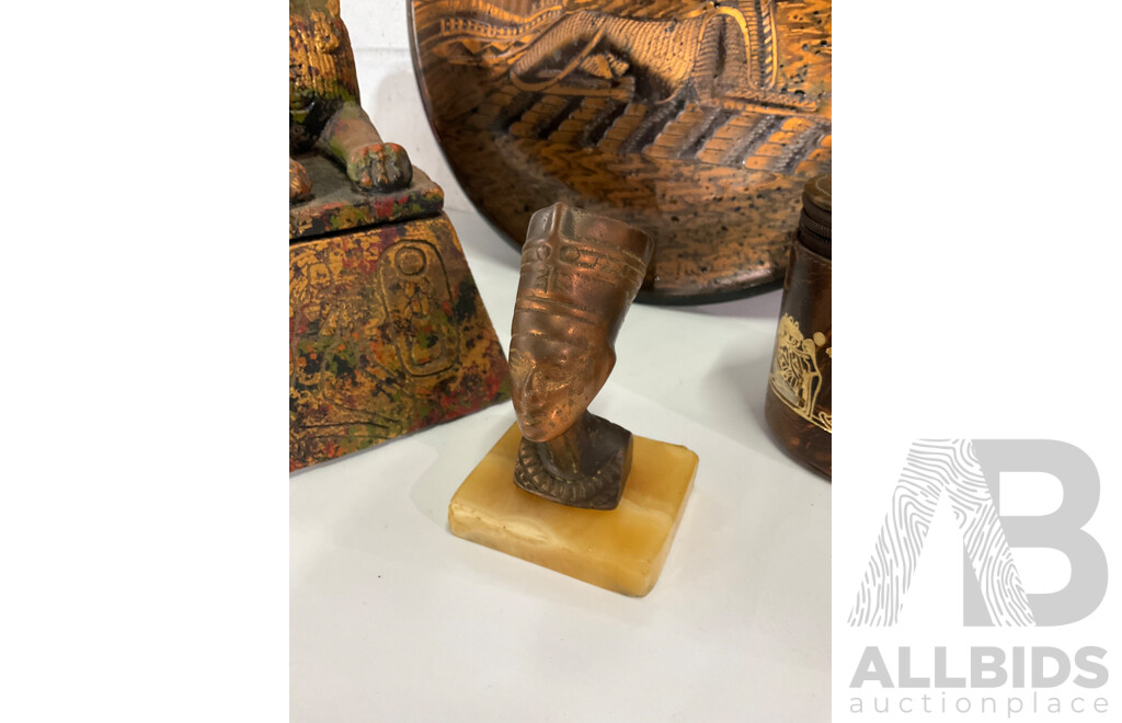 Various Items of Egyptan Interest including books, copper plate and Sphinx form storage box