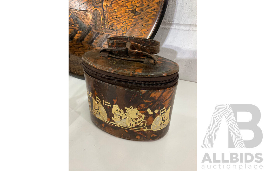 Various Items of Egyptan Interest including books, copper plate and Sphinx form storage box