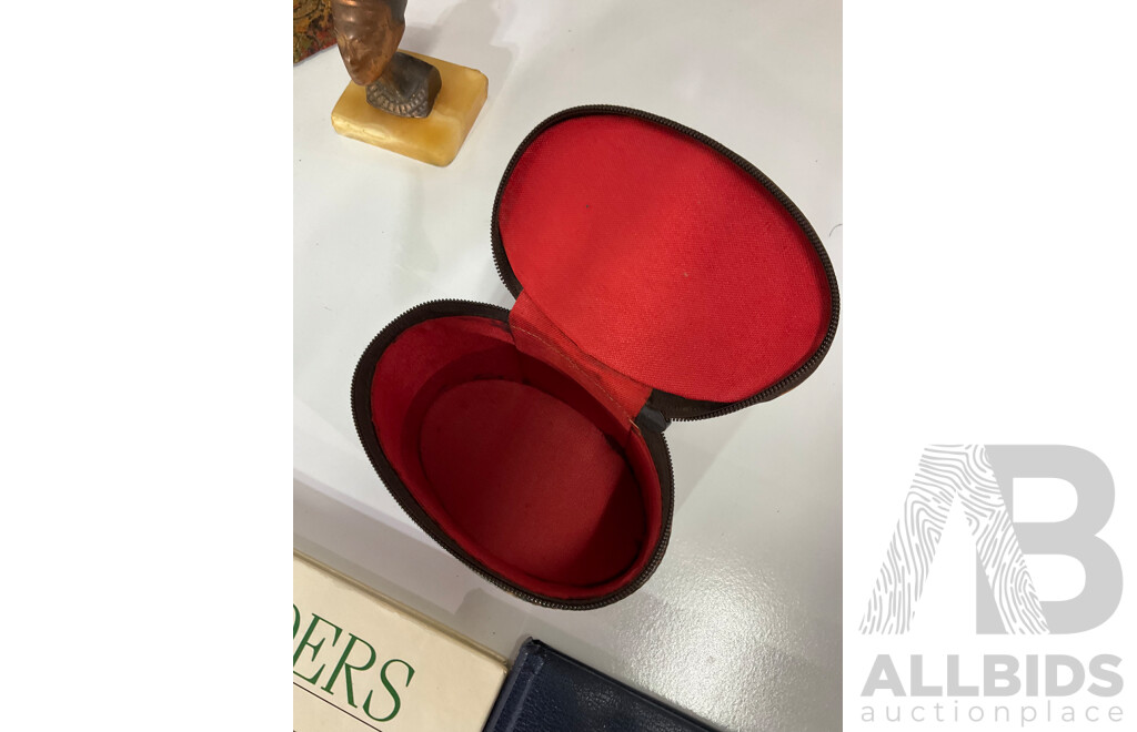 Various Items of Egyptan Interest including books, copper plate and Sphinx form storage box