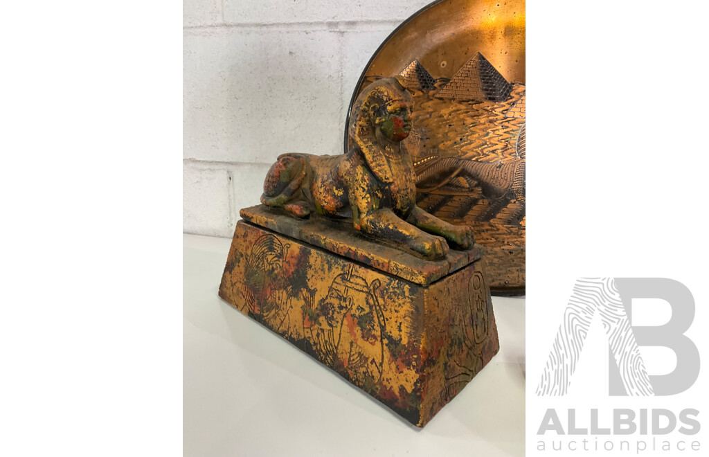 Various Items of Egyptan Interest including books, copper plate and Sphinx form storage box