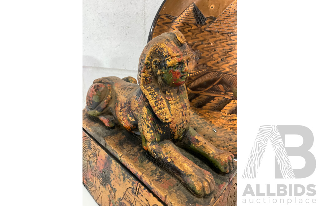 Various Items of Egyptan Interest including books, copper plate and Sphinx form storage box