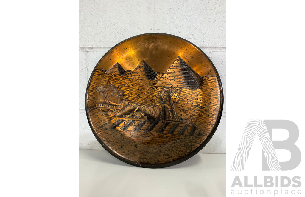 Various Items of Egyptan Interest including books, copper plate and Sphinx form storage box