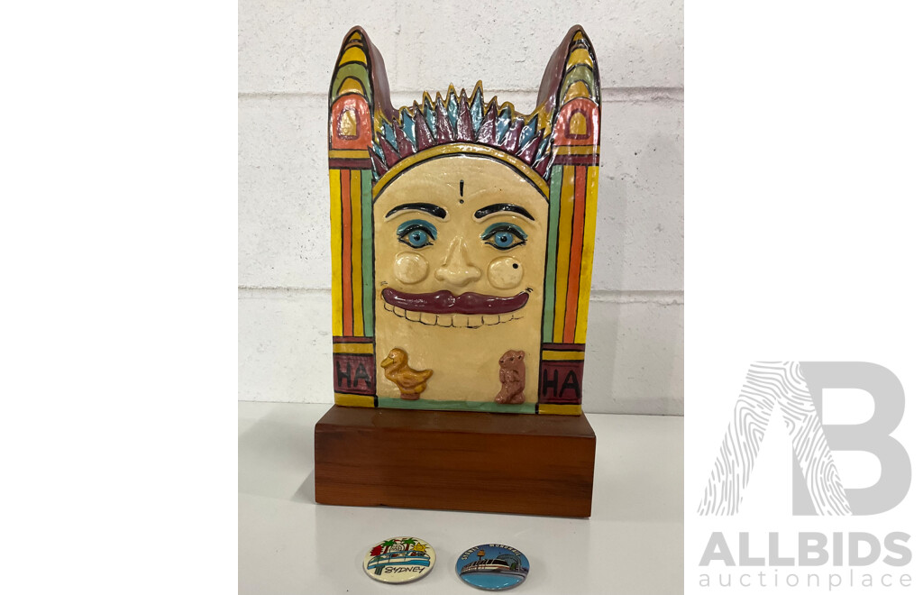 Glazed Ceramic Luna Park Face and 2x Sydney Pin Badge - Lot of 3