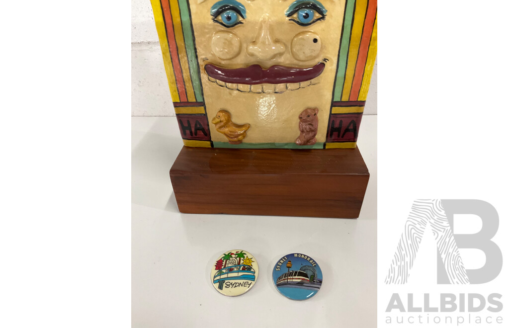 Glazed Ceramic Luna Park Face and 2x Sydney Pin Badge - Lot of 3