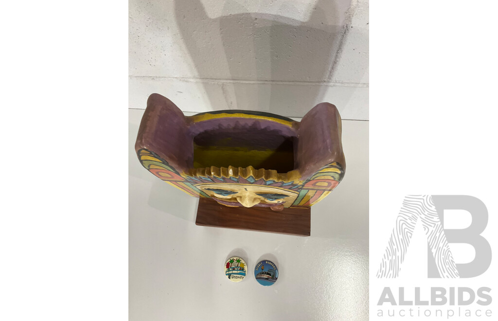 Glazed Ceramic Luna Park Face and 2x Sydney Pin Badge - Lot of 3