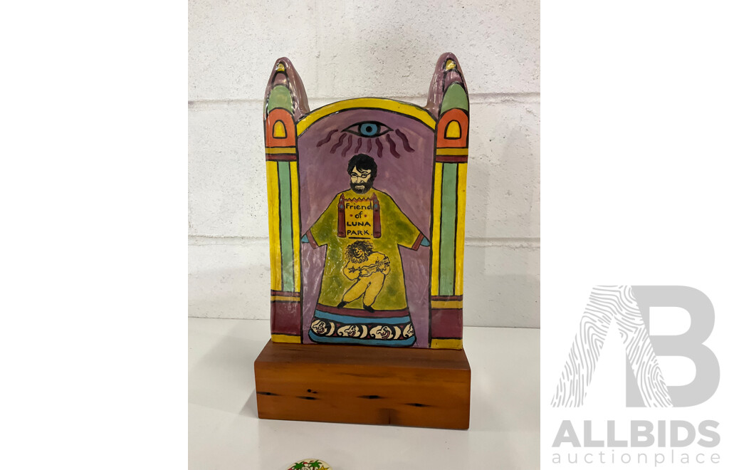 Glazed Ceramic Luna Park Face and 2x Sydney Pin Badge - Lot of 3