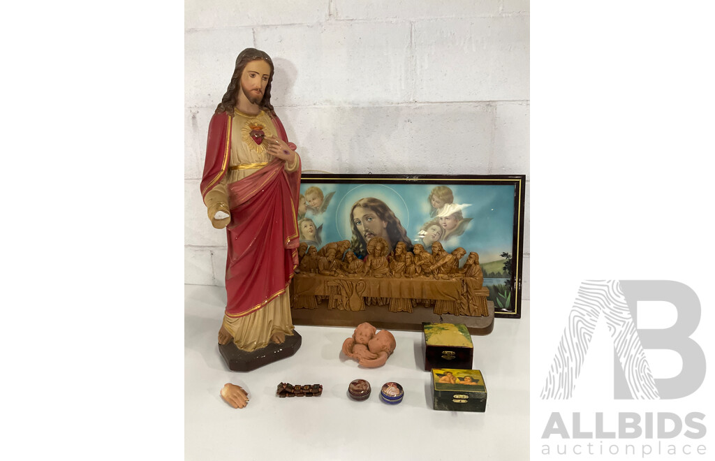 Jesus Plaster Large Statue, Hand Carved Wood the Last Supper Wall Plaque and Other Religious Items - Lot of 9