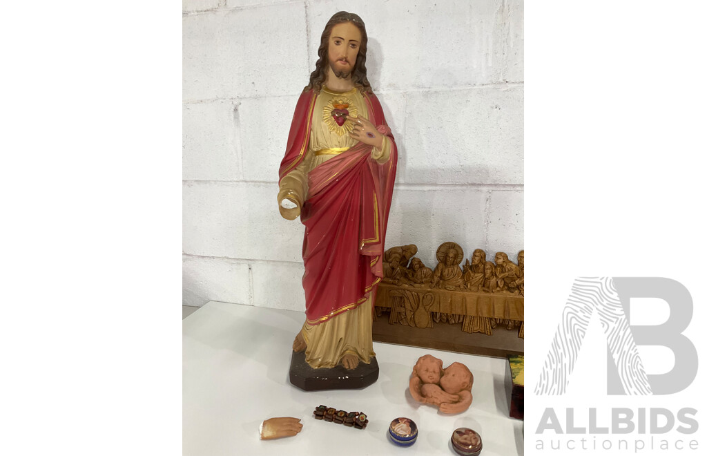 Jesus Plaster Large Statue, Hand Carved Wood the Last Supper Wall Plaque and Other Religious Items - Lot of 9