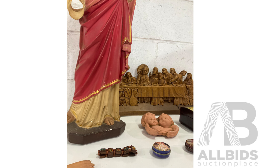Jesus Plaster Large Statue, Hand Carved Wood the Last Supper Wall Plaque and Other Religious Items - Lot of 9