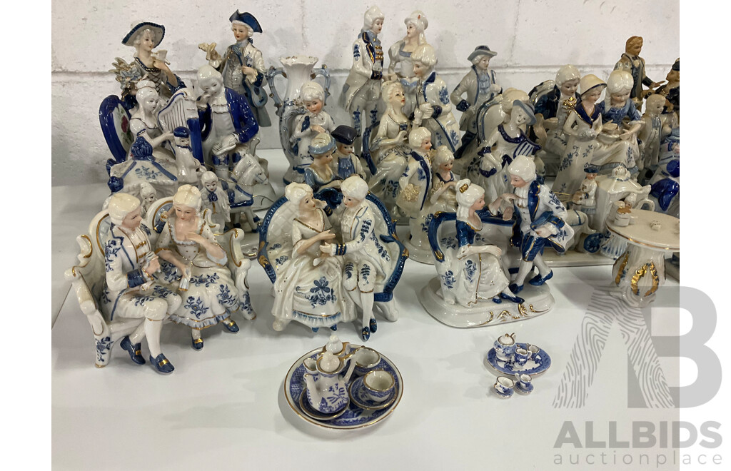 Assorted Blue White Victorian Style Porcelain Ceramic Figurines Collection - Lot of 34