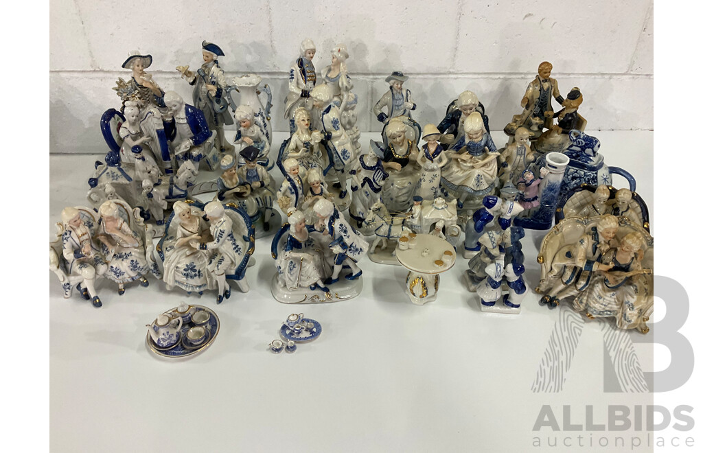 Assorted Blue White Victorian Style Porcelain Ceramic Figurines Collection - Lot of 34