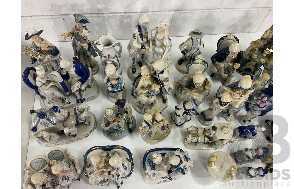 Assorted Blue White Victorian Style Porcelain Ceramic Figurines Collection - Lot of 34