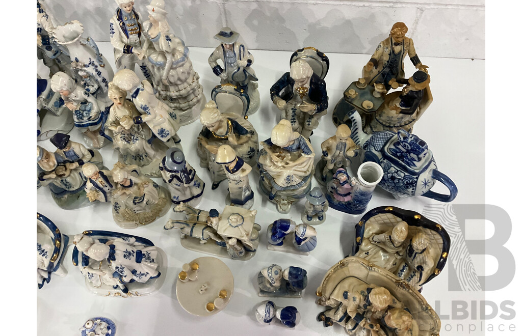 Assorted Blue White Victorian Style Porcelain Ceramic Figurines Collection - Lot of 34