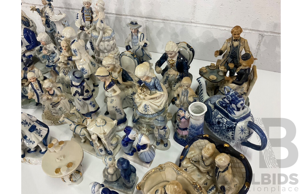 Assorted Blue White Victorian Style Porcelain Ceramic Figurines Collection - Lot of 34