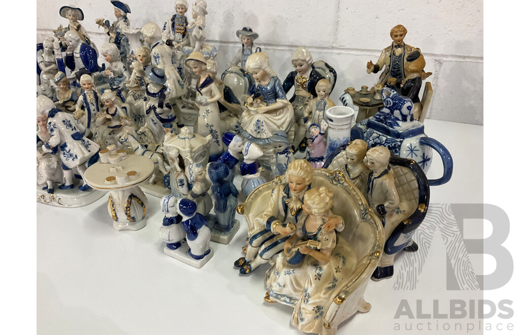 Assorted Blue White Victorian Style Porcelain Ceramic Figurines Collection - Lot of 34