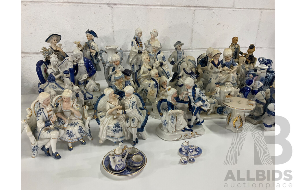 Assorted Blue White Victorian Style Porcelain Ceramic Figurines Collection - Lot of 34