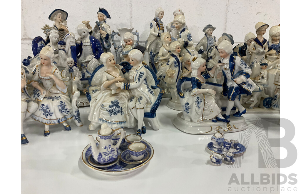 Assorted Blue White Victorian Style Porcelain Ceramic Figurines Collection - Lot of 34