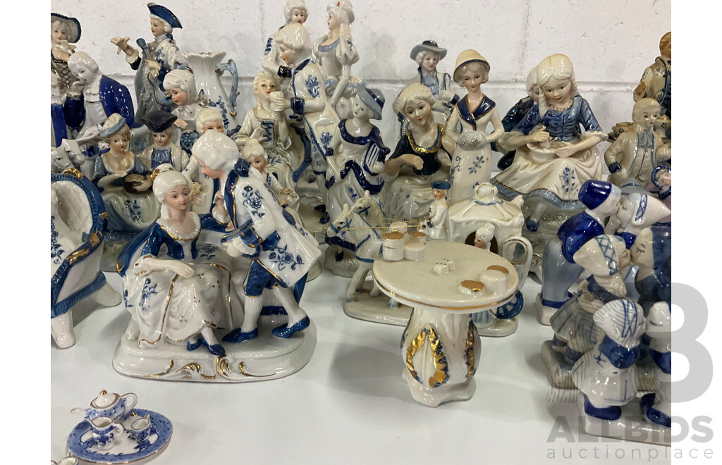 Assorted Blue White Victorian Style Porcelain Ceramic Figurines Collection - Lot of 34