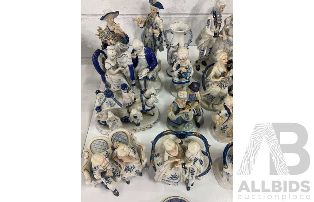 Assorted Blue White Victorian Style Porcelain Ceramic Figurines Collection - Lot of 34