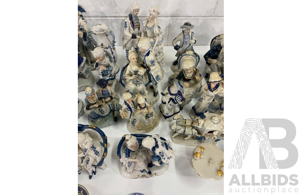 Assorted Blue White Victorian Style Porcelain Ceramic Figurines Collection - Lot of 34