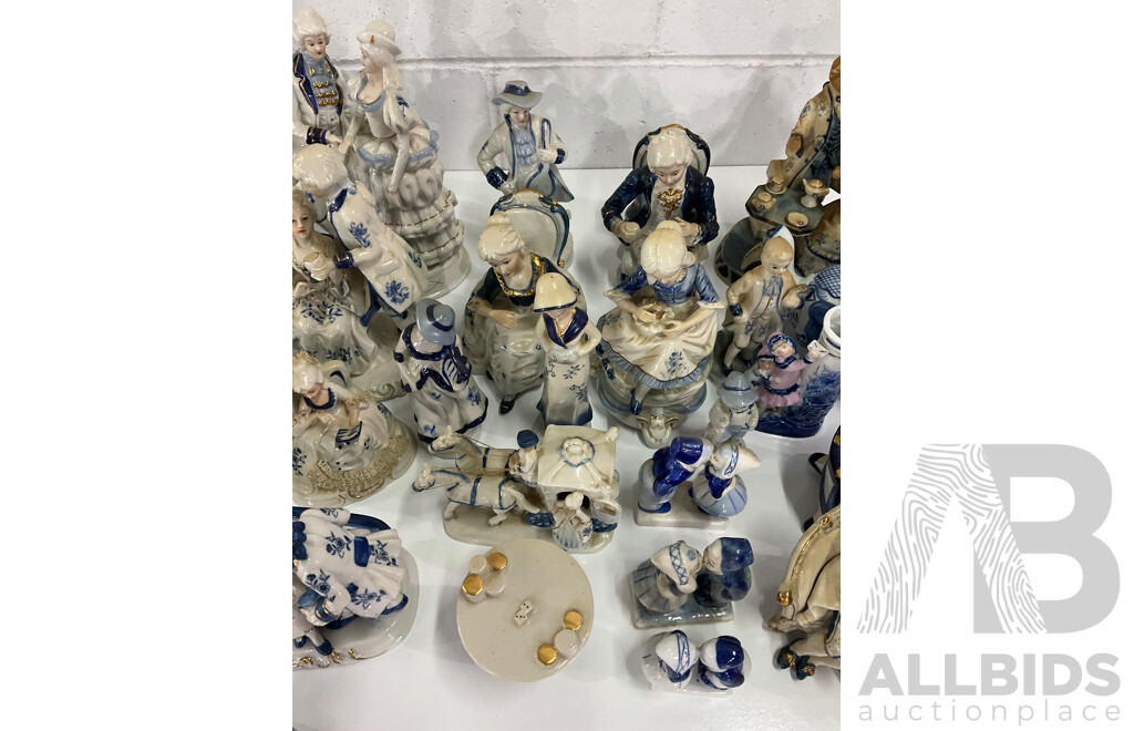 Assorted Blue White Victorian Style Porcelain Ceramic Figurines Collection - Lot of 34