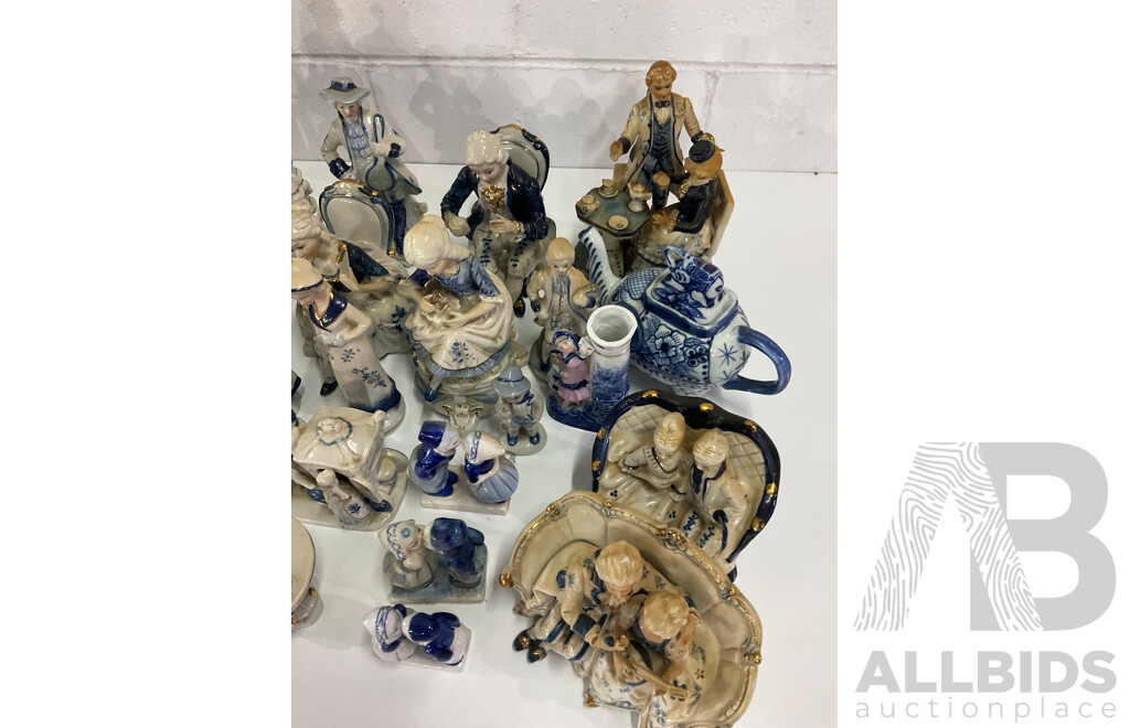 Assorted Blue White Victorian Style Porcelain Ceramic Figurines Collection - Lot of 34