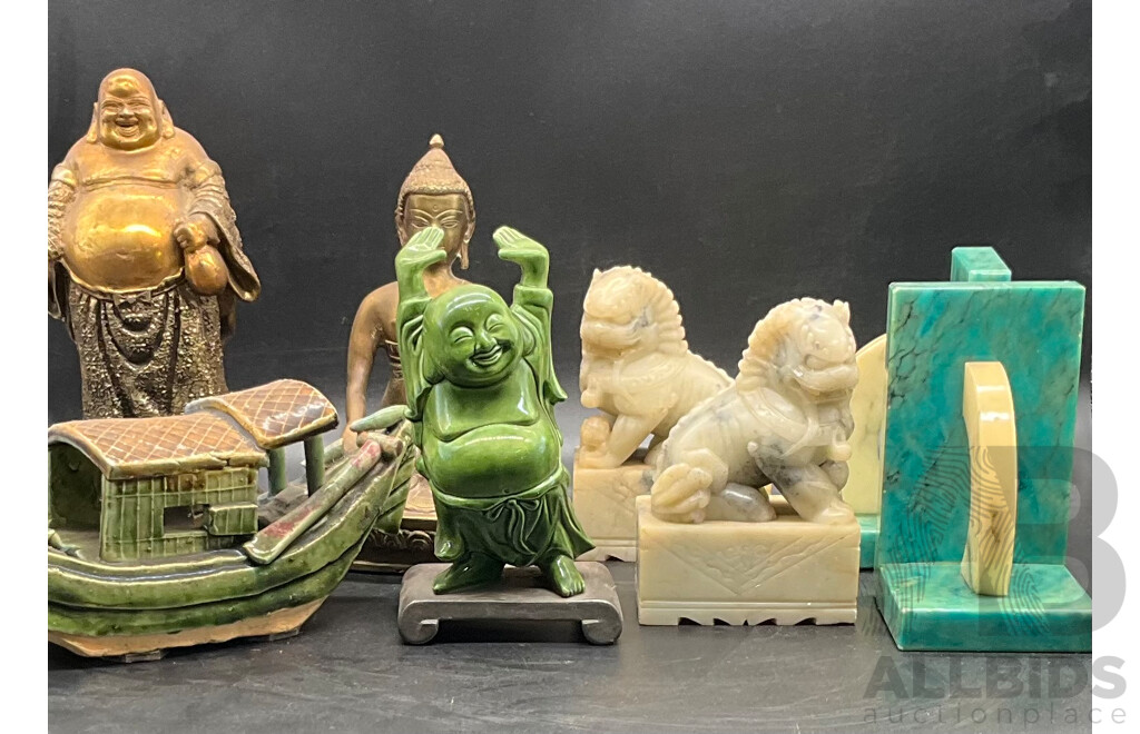 Assorted Decor Including Buddha Statues, Pair of Carved Stone Temple Dogs and More