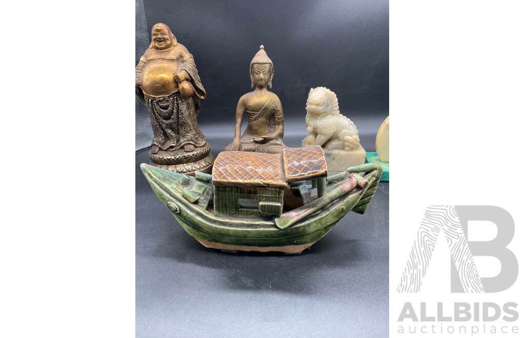 Assorted Decor Including Buddha Statues, Pair of Carved Stone Temple Dogs and More