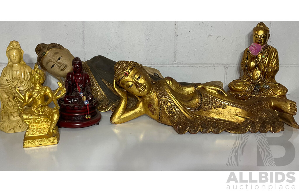 Collection of Gilt Carved Timber Buddha Statues - Lot of 6