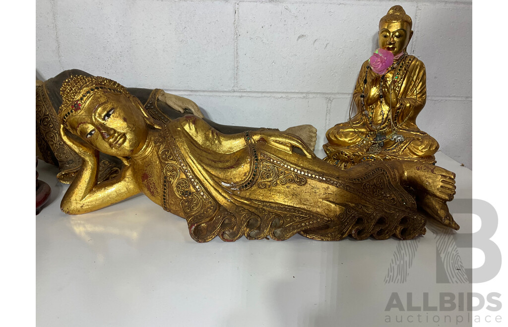Collection of Gilt Carved Timber Buddha Statues - Lot of 6
