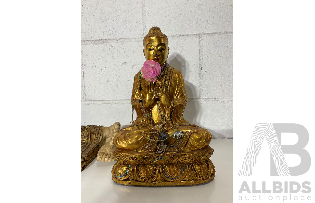 Collection of Gilt Carved Timber Buddha Statues - Lot of 6