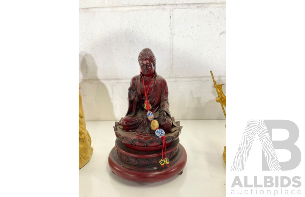 Collection of Gilt Carved Timber Buddha Statues - Lot of 6