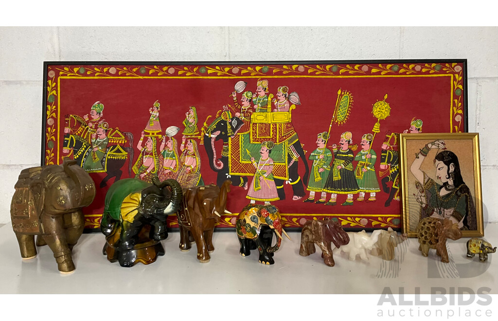 Assorted Elephants Statues, Gem Stone Painting and Framed Hand Painting - Lot of 11
