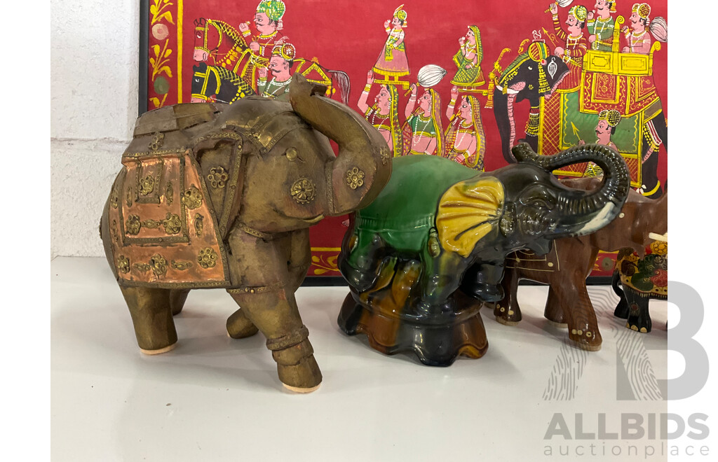 Assorted Elephants Statues, Gem Stone Painting and Framed Hand Painting - Lot of 11