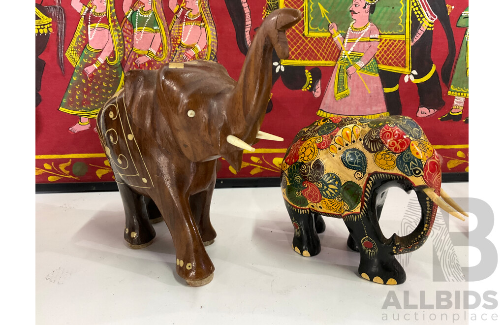Assorted Elephants Statues, Gem Stone Painting and Framed Hand Painting - Lot of 11