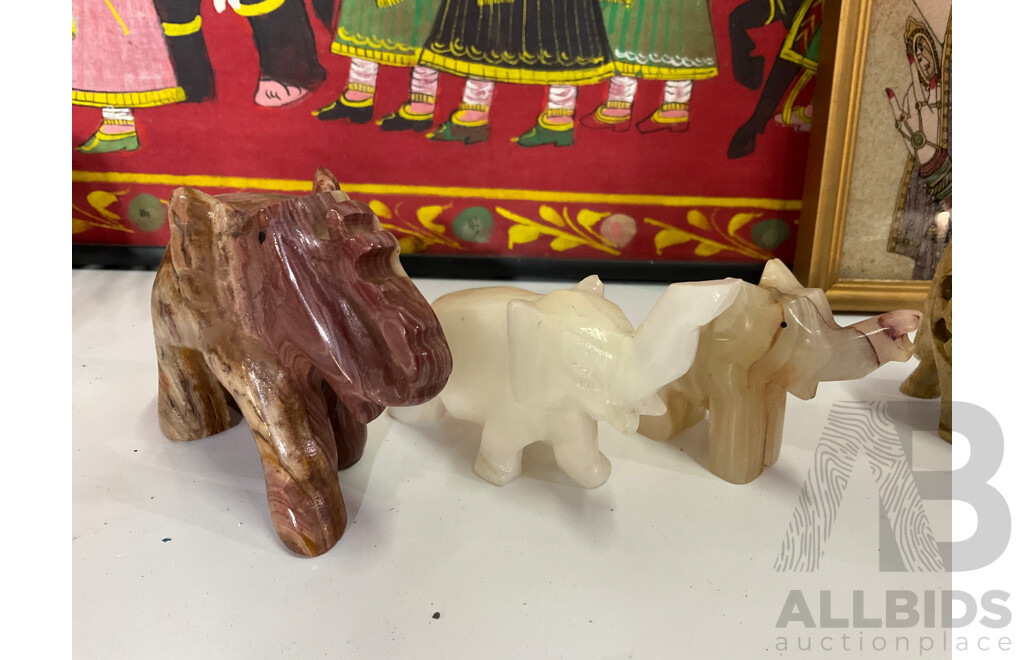 Assorted Elephants Statues, Gem Stone Painting and Framed Hand Painting - Lot of 11