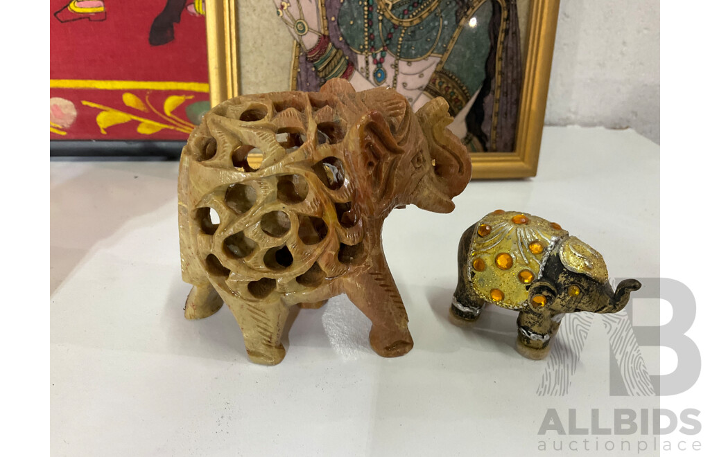 Assorted Elephants Statues, Gem Stone Painting and Framed Hand Painting - Lot of 11