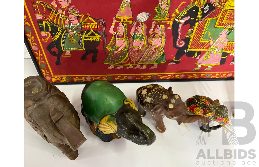 Assorted Elephants Statues, Gem Stone Painting and Framed Hand Painting - Lot of 11