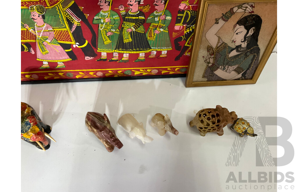 Assorted Elephants Statues, Gem Stone Painting and Framed Hand Painting - Lot of 11