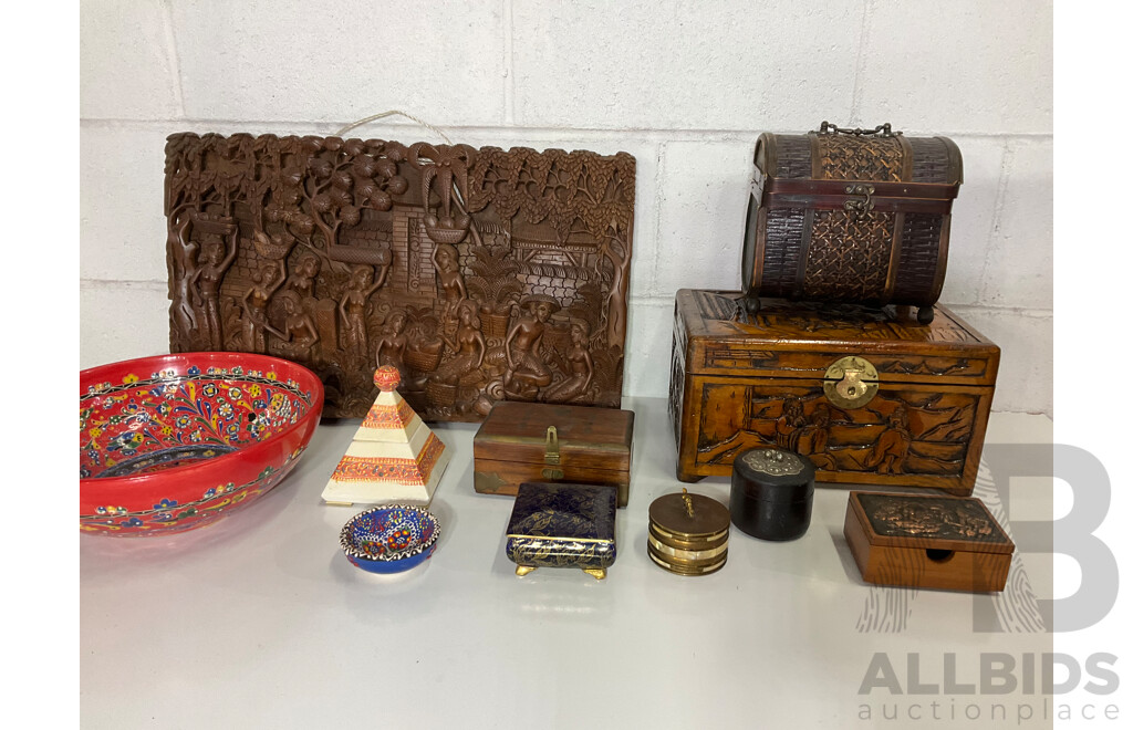 Assorted Trinket Boxes, Wooden Carved Storyboard, Oriental Ceramic Bowl and More - Lot of 11