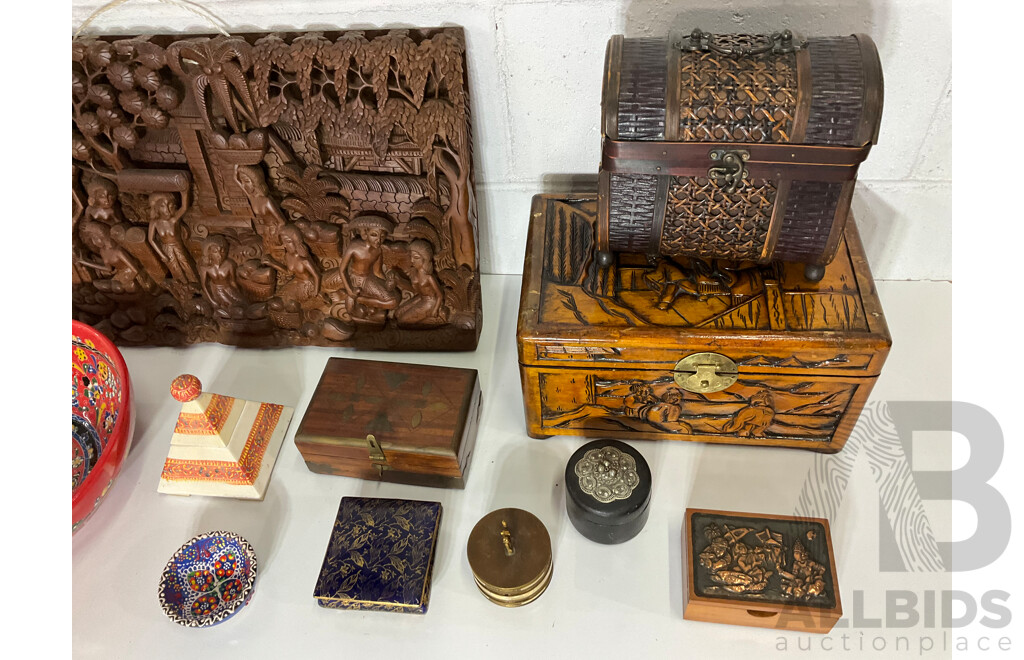Assorted Trinket Boxes, Wooden Carved Storyboard, Oriental Ceramic Bowl and More - Lot of 11
